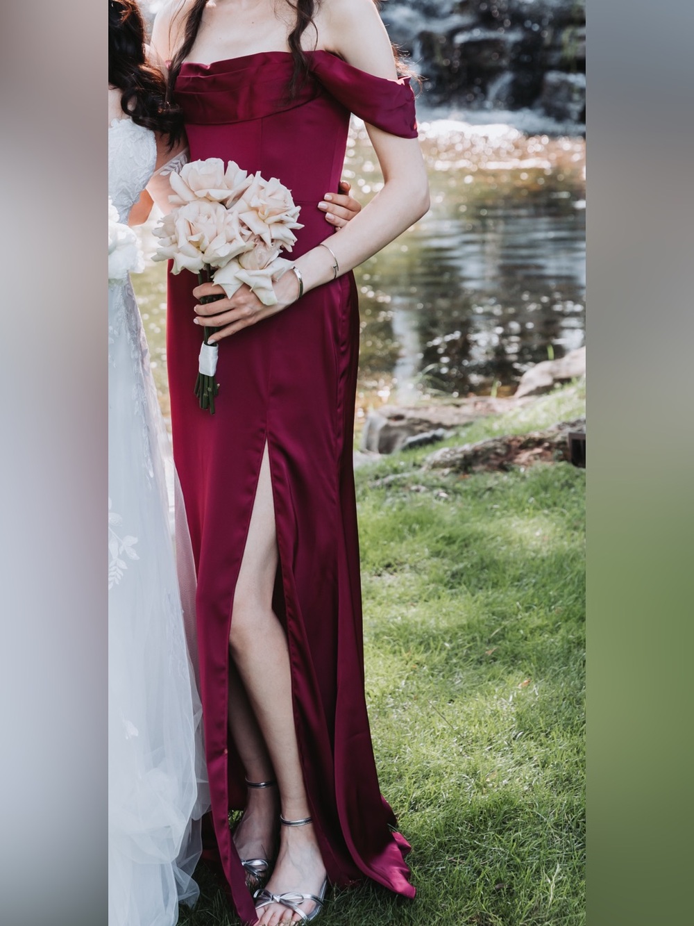 Azazie One-Shoulder Satin Gown in Burgundy with Side Slit